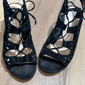 BP Black Sandal Bootie in Faux Suede with Lace-Up, Cut Outs, and Wood Heel